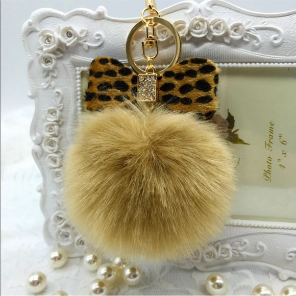 Accessories - Pom Pom Leopard Faux Rabbit Fur KeyFob Purse Charm